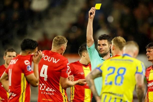 Fourth official Robin Hensgens show yellow card to Joris Kramer of Go Ahead Eagles during the Dutch Eredivisie match between RKC Waalwijk and Go...