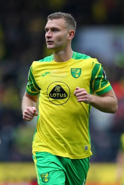 Ben Gibson of Norwich City looks on during the Premier League match between Burnley and Norwich City at Turf Moor on October 02, 2021 in Burnley,...