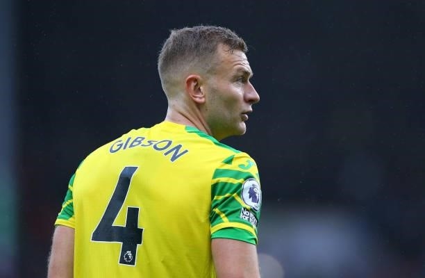 Ben Gibson of Norwich City looks on during the Premier League match between Burnley and Norwich City at Turf Moor on October 02, 2021 in Burnley,...
