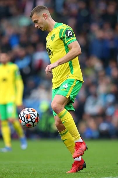 Ben Gibson of Norwich City controls the ball during the Premier League match between Burnley and Norwich City at Turf Moor on October 02, 2021 in...
