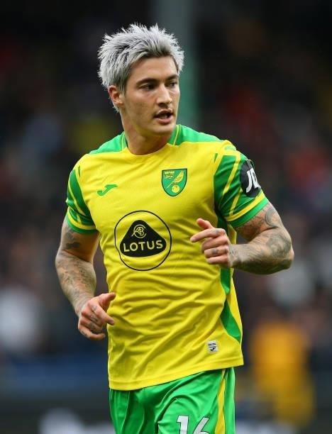 Mathias Normann of Norwich City looks on during the Premier League match between Burnley and Norwich City at Turf Moor on October 02, 2021 in...