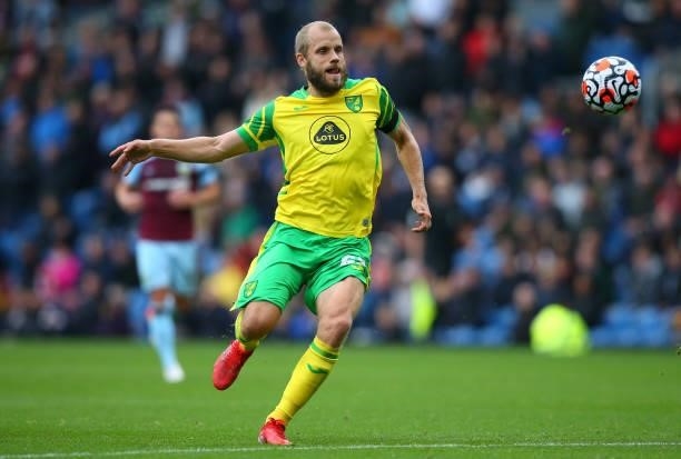 Teemu Pukki of Norwich City during the Premier League match between Burnley and Norwich City at Turf Moor on October 02, 2021 in Burnley, England.