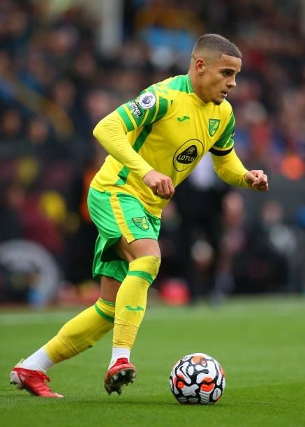 Max Aarons of Norwich City during the Premier League match between Burnley and Norwich City at Turf Moor on October 02, 2021 in Burnley, England.