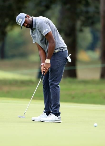 Sahith Theegala putts for birdie on the sixth hole during round three of the Sanderson Farms Championship at Country Club of Jackson on October 02,...