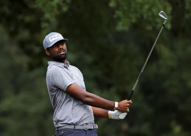 Sahith Theegala plays his shot from the seventh tee during round three of the Sanderson Farms Championship at Country Club of Jackson on October 02,...