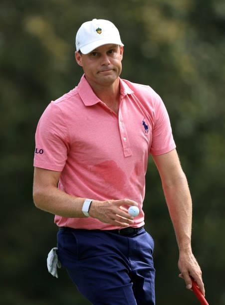 Nick Watney reacts to his putt on the third green during round three of the Sanderson Farms Championship at Country Club of Jackson on October 02,...