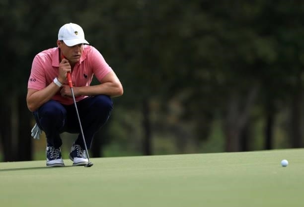 Nick Watney lines up a putt on the third green during round three of the Sanderson Farms Championship at Country Club of Jackson on October 02, 2021...