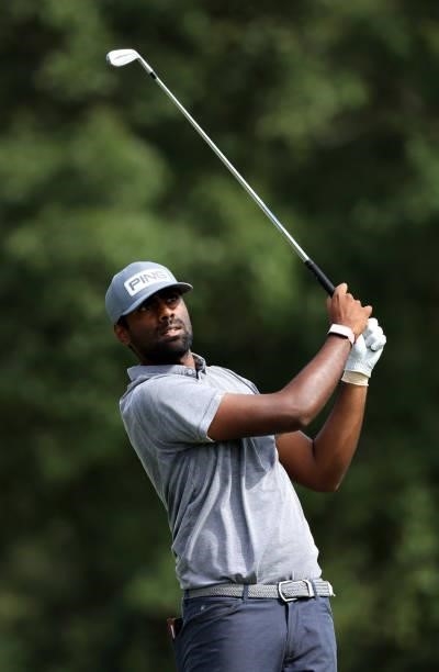 Sahith Theegala plays his shot from the seventh tee during round three of the Sanderson Farms Championship at Country Club of Jackson on October 02,...
