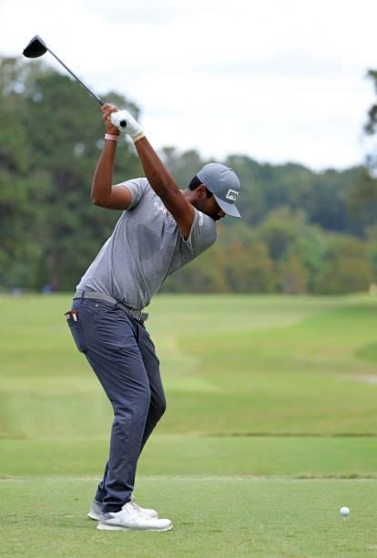 Sahith Theegala plays his shot from the second tee during round three of the Sanderson Farms Championship at Country Club of Jackson on October 02,...