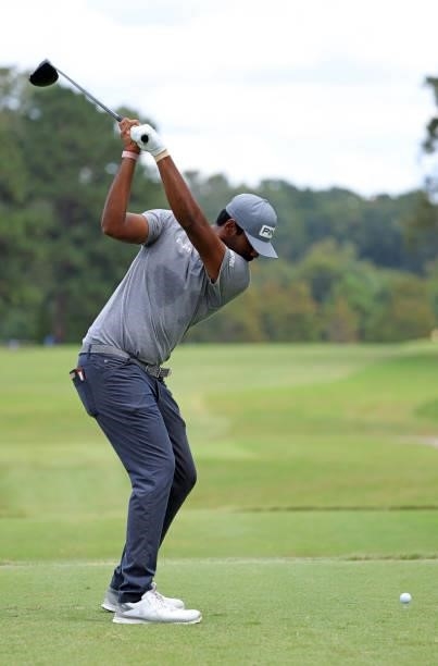 Sahith Theegala plays his shot from the second tee during round three of the Sanderson Farms Championship at Country Club of Jackson on October 02,...
