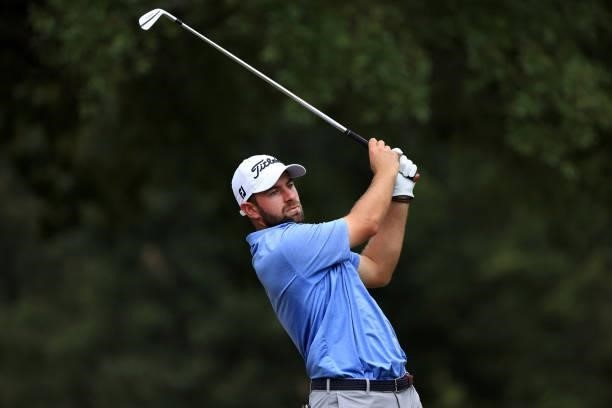 Cameron Young plays his shot from the seventh tee during round three of the Sanderson Farms Championship at Country Club of Jackson on October 02,...