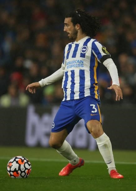 Marc Cucurella of Brighton & Hove Albion on the ball during the Premier League match between Brighton & Hove Albion and Arsenal at American Express...