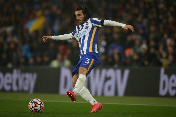 Marc Cucurella of Brighton & Hove Albion controls the ball during the Premier League match between Brighton & Hove Albion and Arsenal at American...