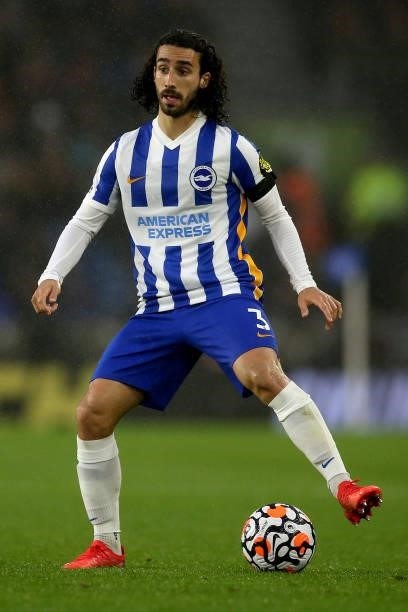 Marc Cucurella of Brighton & Hove Albion on the ball during the Premier League match between Brighton & Hove Albion and Arsenal at American Express...