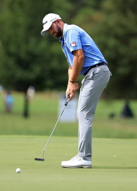 Cameron Young lines up a putt on the first green during round three of the Sanderson Farms Championship at Country Club of Jackson on October 02,...
