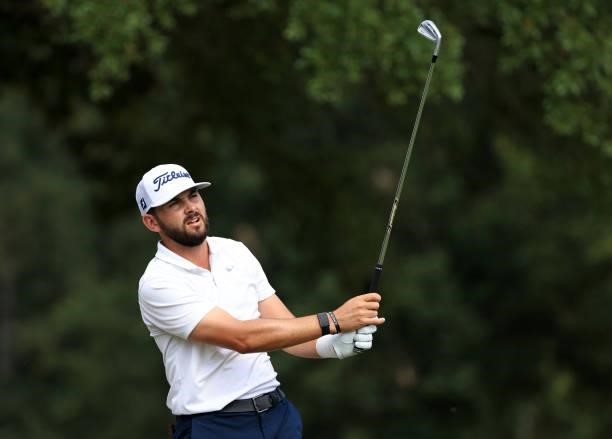 Hayden Buckley plays his shot from the seventh tee during round three of the Sanderson Farms Championship at Country Club of Jackson on October 02,...