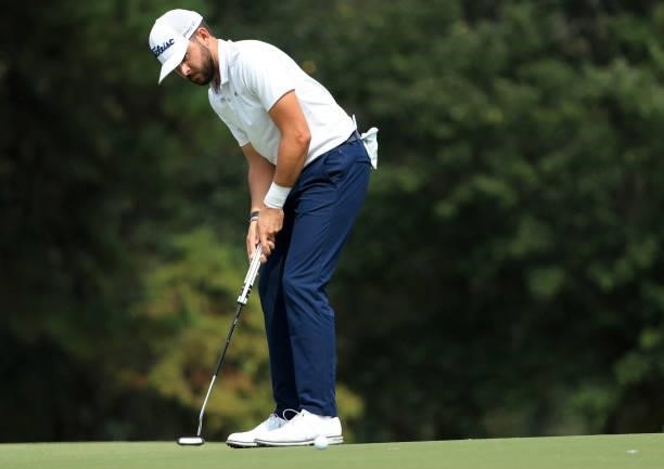 Hayden Buckley putts for birdie on the first green during round three of the Sanderson Farms Championship at Country Club of Jackson on October 02,...