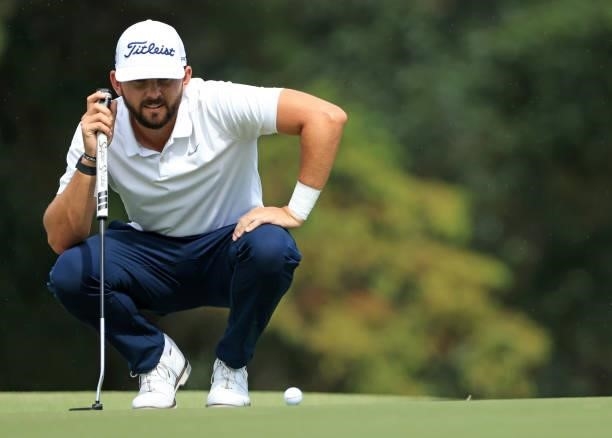 Hayden Buckley lines up a putt on the first green during round three of the Sanderson Farms Championship at Country Club of Jackson on October 02,...