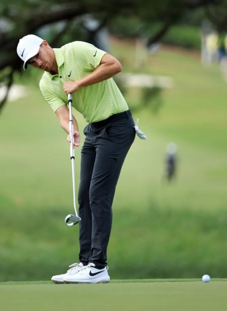 Aaron Wise putts on the first green during round three of the Sanderson Farms Championship at Country Club of Jackson on October 02, 2021 in Jackson,...