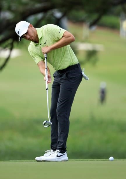 Aaron Wise putts on the first green during round three of the Sanderson Farms Championship at Country Club of Jackson on October 02, 2021 in Jackson,...