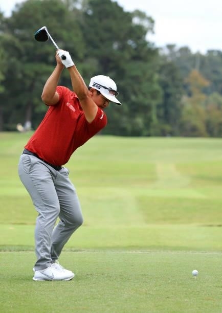 Kurt Kitayama plays his shot from the second tee during round three of the Sanderson Farms Championship at Country Club of Jackson on October 02,...