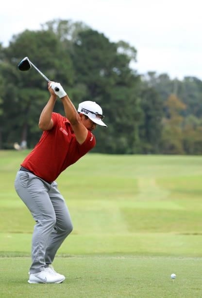 Kurt Kitayama plays his shot from the second tee during round three of the Sanderson Farms Championship at Country Club of Jackson on October 02,...