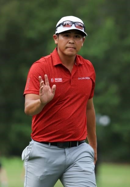 Kurt Kitayama reacts to his putt on the first green during round three of the Sanderson Farms Championship at Country Club of Jackson on October 02,...