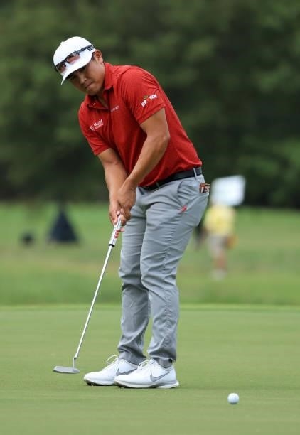 Kurt Kitayama putts on the first green during round three of the Sanderson Farms Championship at Country Club of Jackson on October 02, 2021 in...