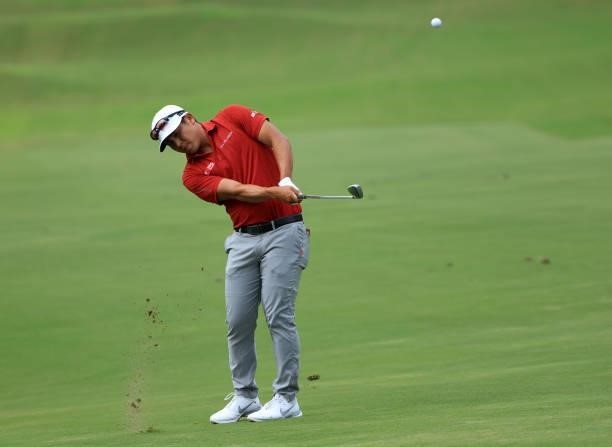 Kurt Kitayama plays a shot on the first hole during round three of the Sanderson Farms Championship at Country Club of Jackson on October 02, 2021 in...