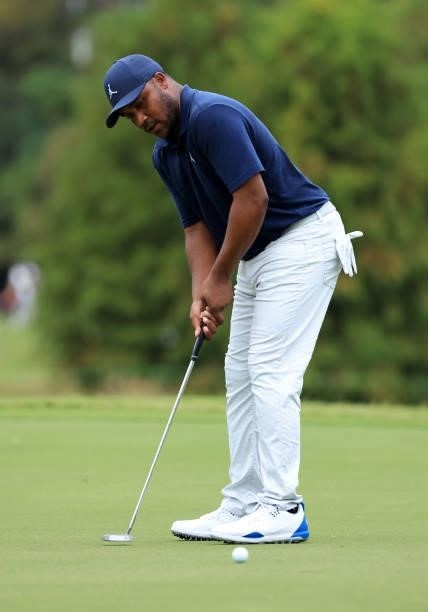 Harold Varner III putts for birdie on the first hole during round three of the Sanderson Farms Championship at Country Club of Jackson on October 02,...