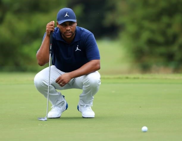 Harold Varner III lines up a putt for birdie on the first hole during round three of the Sanderson Farms Championship at Country Club of Jackson on...
