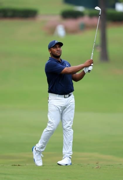 Harold Varner III plays a shot on the first hole during round three of the Sanderson Farms Championship at Country Club of Jackson on October 02,...