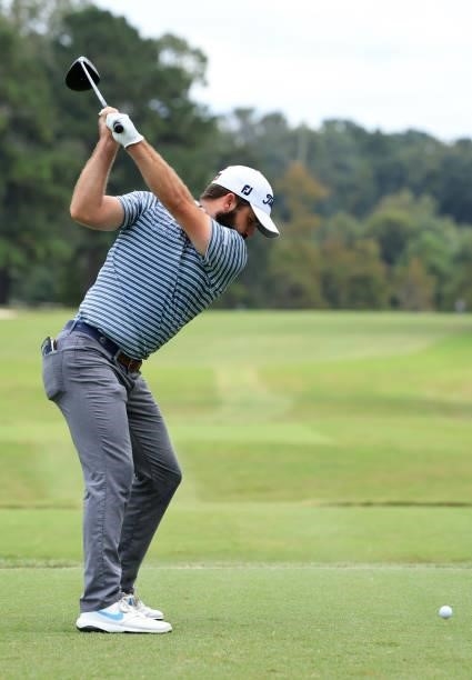 Denny McCarthy plays his shot from the second tee during round three of the Sanderson Farms Championship at Country Club of Jackson on October 02,...