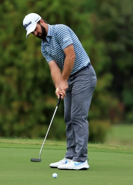Denny McCarthy putts on the first green during round three of the Sanderson Farms Championship at Country Club of Jackson on October 02, 2021 in...