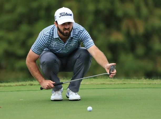 Denny McCarthy lines up a putt on the first green during round three of the Sanderson Farms Championship at Country Club of Jackson on October 02,...