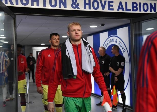Aaron Ramsdale of Arsenal before the Premier League match between Brighton & Hove Albion and Arsenal at American Express Community Stadium on October...