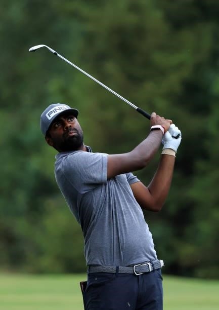 Sahith Theegala plays his shot from the 17th tee during round three of the Sanderson Farms Championship at Country Club of Jackson on October 02,...