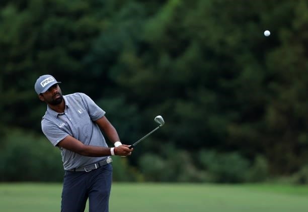 Sahith Theegala plays his shot on the 17th hole during round three of the Sanderson Farms Championship at Country Club of Jackson on October 02, 2021...