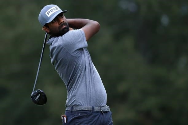 Sahith Theegala plays his shot from the 18th tee during round three of the Sanderson Farms Championship at Country Club of Jackson on October 02,...