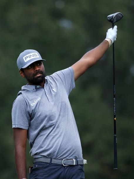 Sahith Theegala reacts to his shot from the 18th tee during round three of the Sanderson Farms Championship at Country Club of Jackson on October 02,...