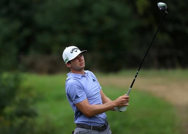 Sam Burns plays his shot from the 17th tee during round three of the Sanderson Farms Championship at Country Club of Jackson on October 02, 2021 in...