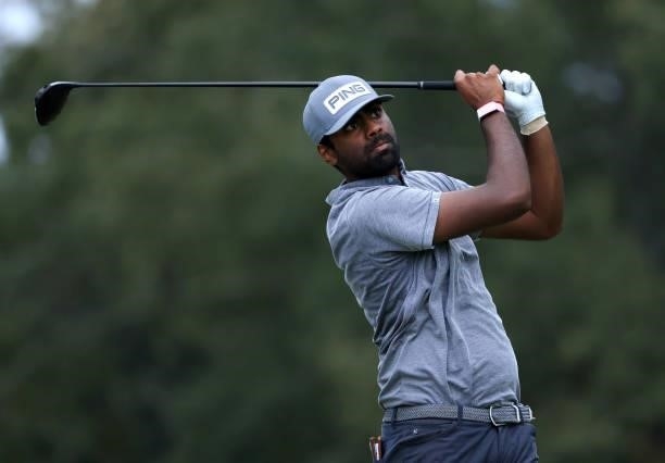 Sahith Theegala plays his shot from the 18th tee during round three of the Sanderson Farms Championship at Country Club of Jackson on October 02,...