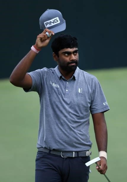Sahith Theegala reacts to his putt on the 18th green during round three of the Sanderson Farms Championship at Country Club of Jackson on October 02,...