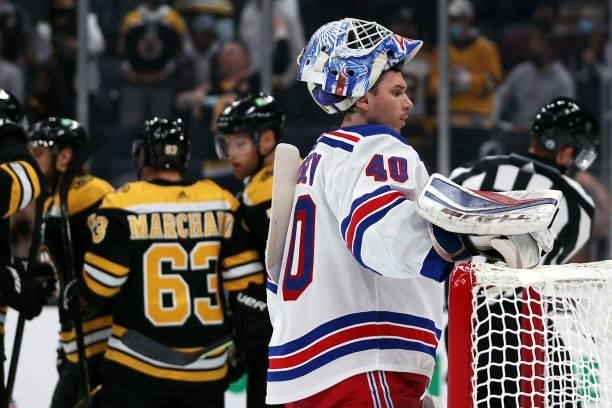 Alexandar Georgiev of the New York Rangers reacts after David Pastrnak of the Boston Bruins scored a goal during the first period of the preseason...