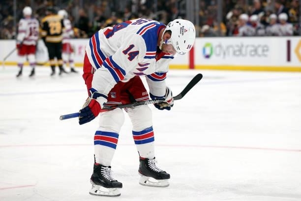 Greg McKegg of the New York Rangers reacts during the second period of the preseason game against the Boston Bruins at TD Garden on October 02, 2021...