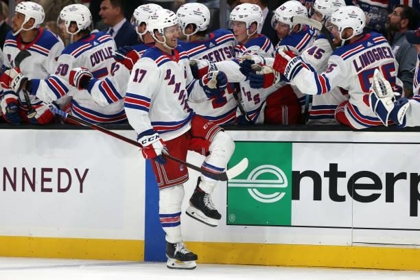 Kevin Rooney of the New York Rangers celebrates after scoring a goal against the Boston Bruins during the third period of the preseason game at TD...