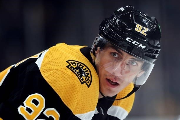 Tomas Nosek of the Boston Bruins looks on during the third period of the preseason game at TD Garden on October 02, 2021 in Boston, Massachusetts.