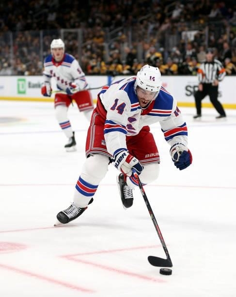 Greg McKegg of the New York Rangers skates against the Boston Bruins during the first period of the preseason game at TD Garden on October 02, 2021...