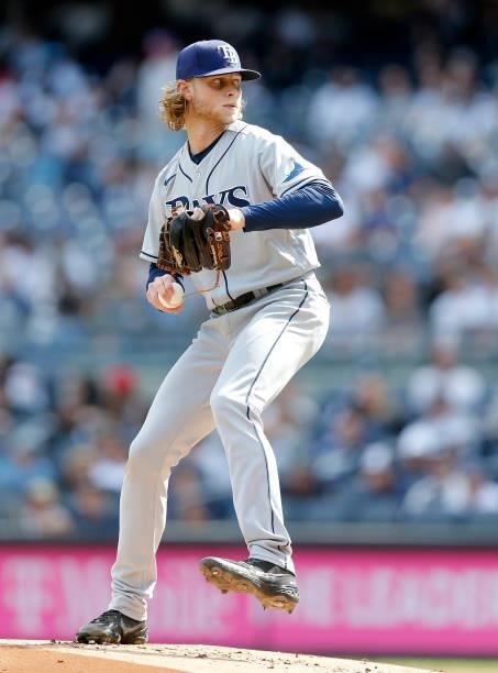 Shane Baz of the Tampa Bay Rays in action against the New York Yankees at Yankee Stadium on October 02, 2021 in New York City. The Rays defeated the...