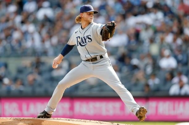 Shane Baz of the Tampa Bay Rays in action against the New York Yankees at Yankee Stadium on October 02, 2021 in New York City. The Rays defeated the...